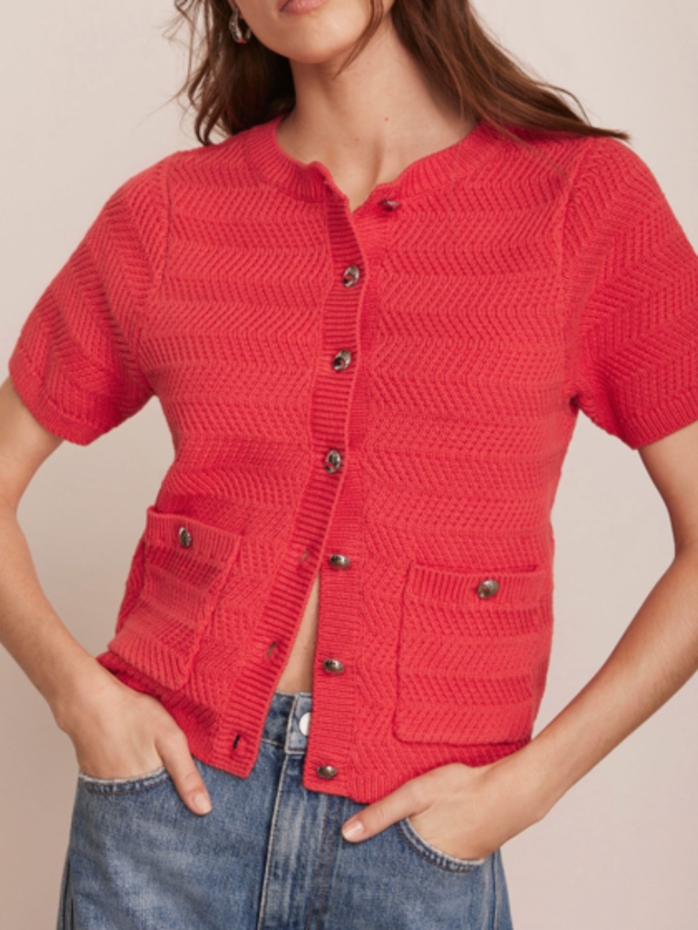 MINT VELVET Patch Pocket Knit Cardigan, Short Sleeve, Watermelon, Red, Size XL